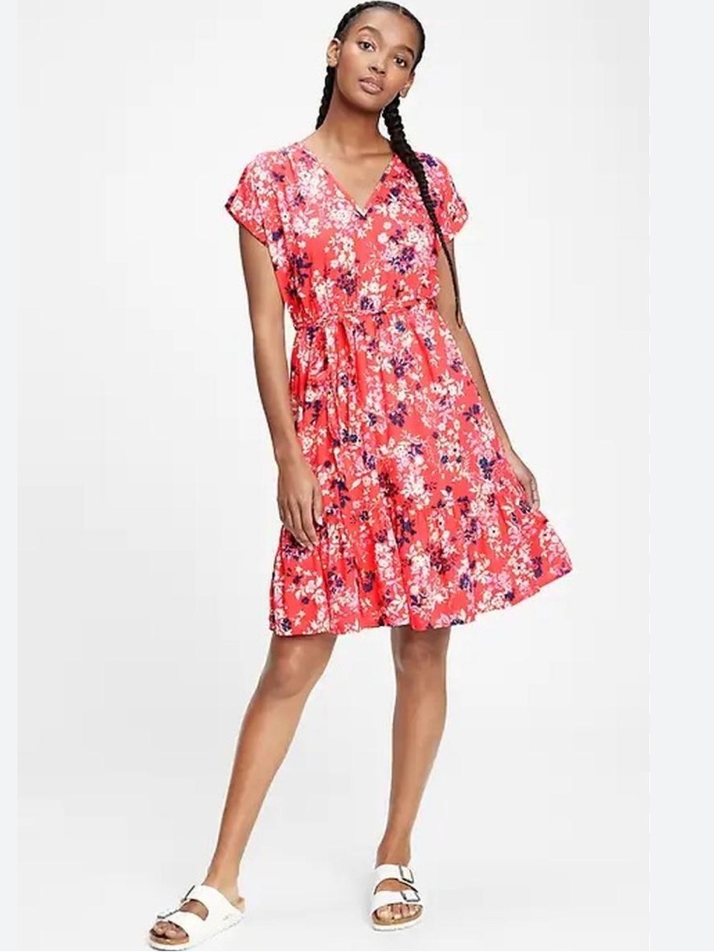 Gap Red Floral V-Neck Short Sleeve Mini Summer  Dress Cotton S